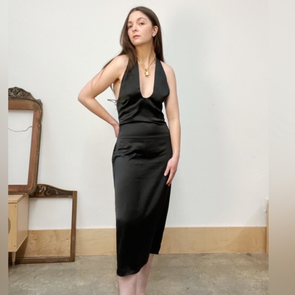 Jason Wu Black Satin Halter Plunge Backless Dress Small NWOT